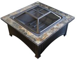 Square Slate Top Wood Burning Fire Pit Outdoor Cooking Steel
